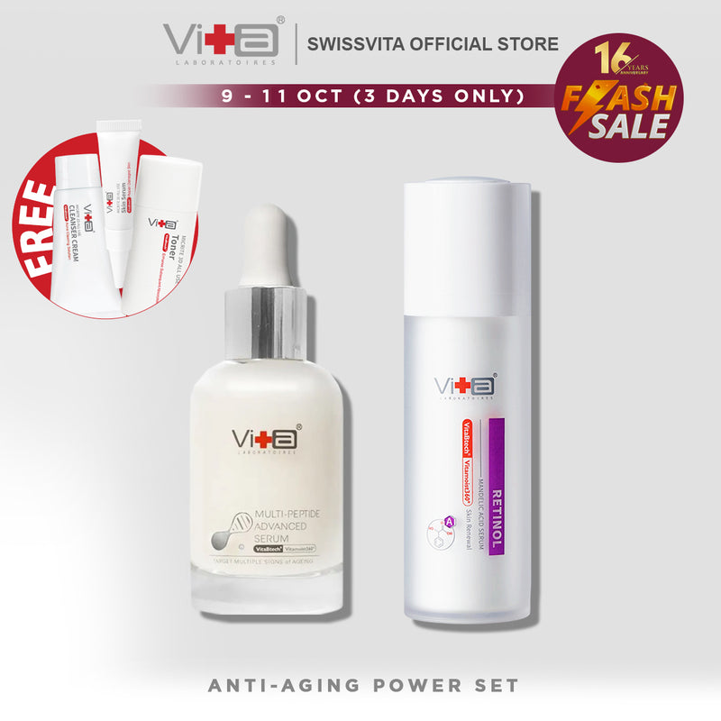 Swissvita 【Anti-Aging Power Set】Peptide serum 30ml + Retinol serum 30ml, FREE Cleanser 30g + Toner 30ml + Skin serum 5g