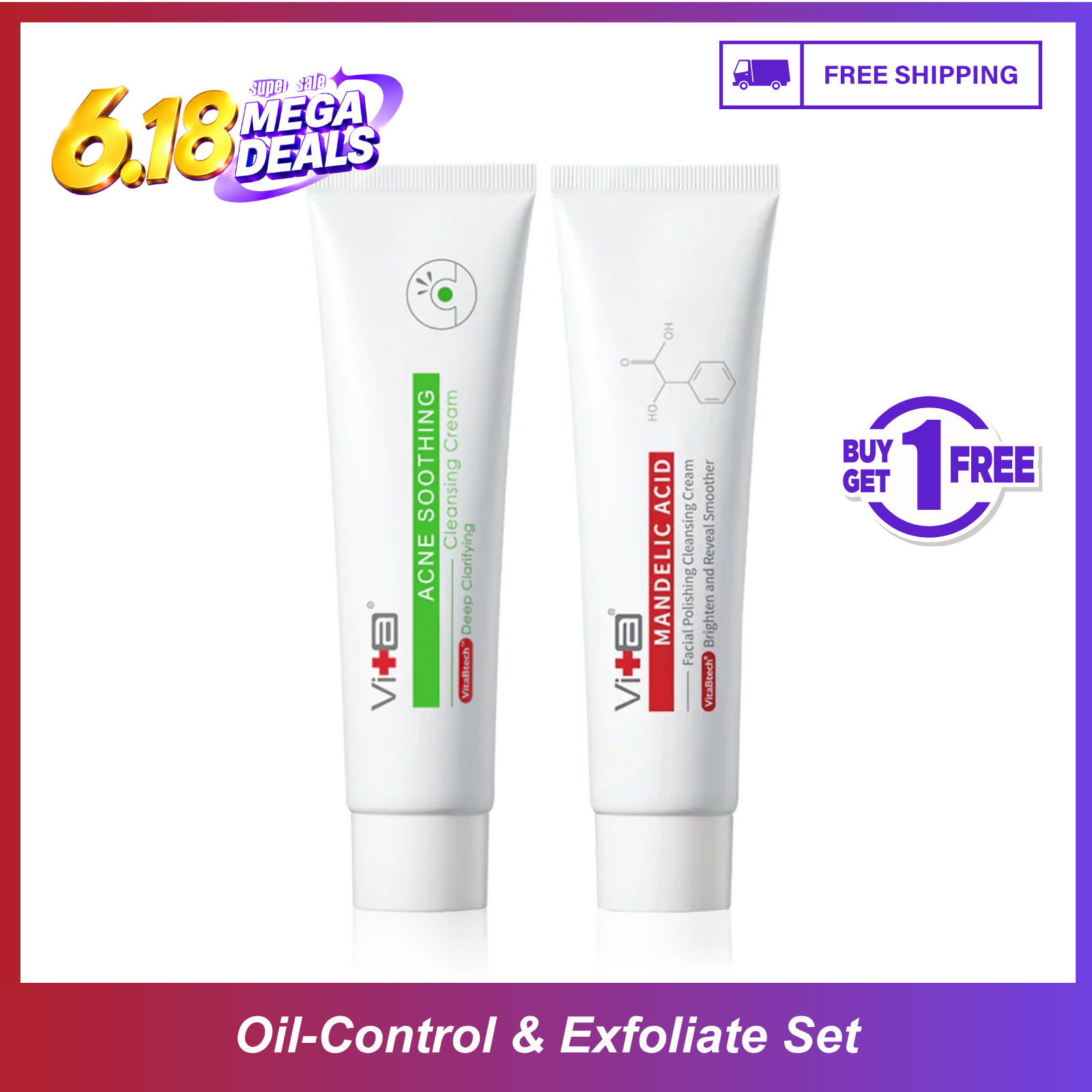 【Buy 1 Free 1】Oil-control & Exfoliate - Swissvita Acne Soothing Cleansing Cream (100g) + Mandelic Acid Facial Polishing Cleansing Cream (100g)