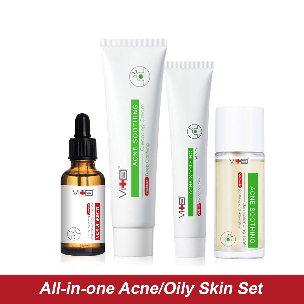 【All in one Acne / Oily Skin set】Swissvita Acne Soothing Cleanser 100g, Mandelic Acid Serum 30ml, Acne Soothing Toner 120ml, Acne Soothing Serum 50g