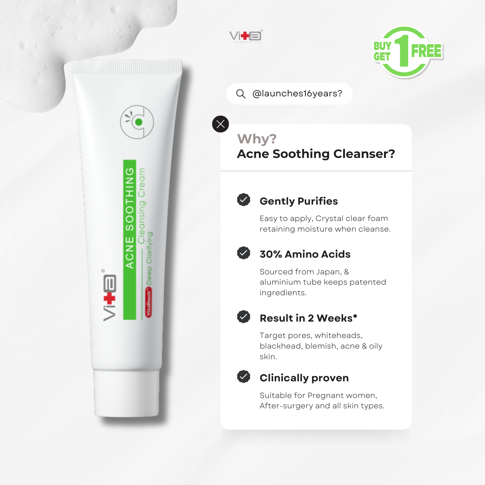 【Buy 1 Free 1】Swissvita Acne Soothing Cleansing Cream 100g x 2pcs