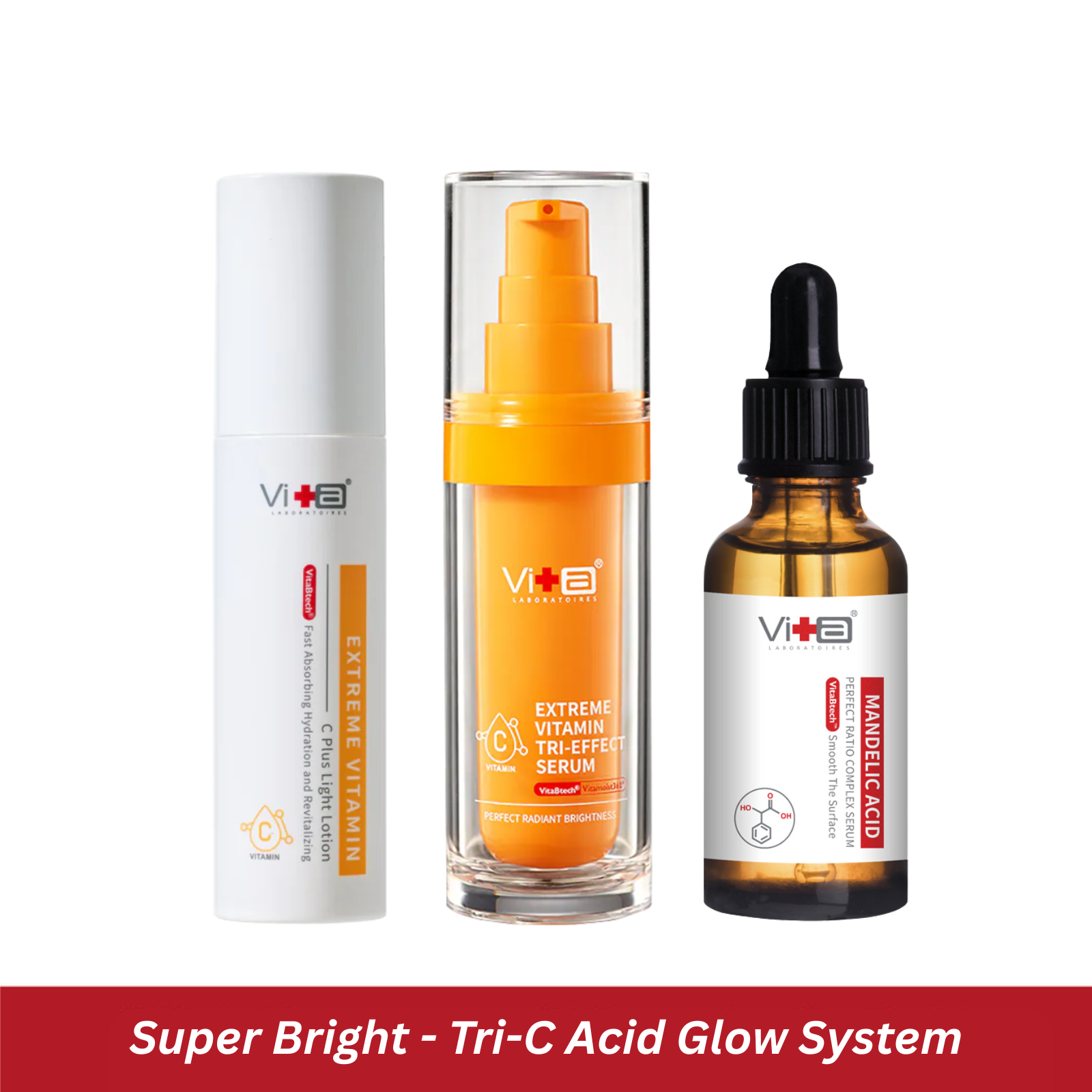 【45% OFF】Tri-C Acid Glow System - Swissvita Extreme Vitamin Tri-Effect Serum (30ml) + Vitamin C Lotion (50ml) + Mandelic Acid Serum (30ml)