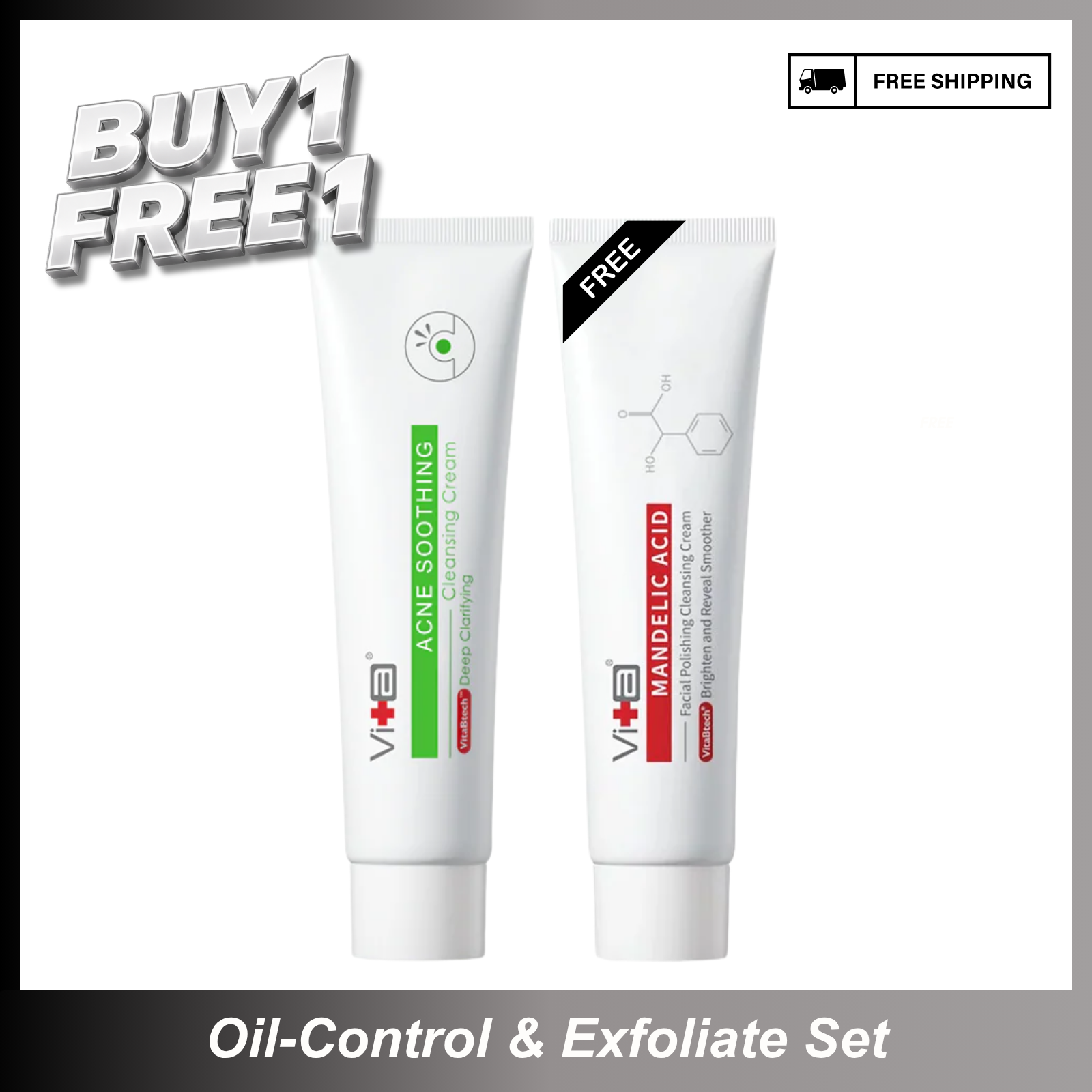 【Buy 1 Free 1】Oil-control & Exfoliate - Swissvita Acne Soothing Cleansing Cream (100ml) + Mandelic Acid Facial Polishing Cleansing Cream (100ml)